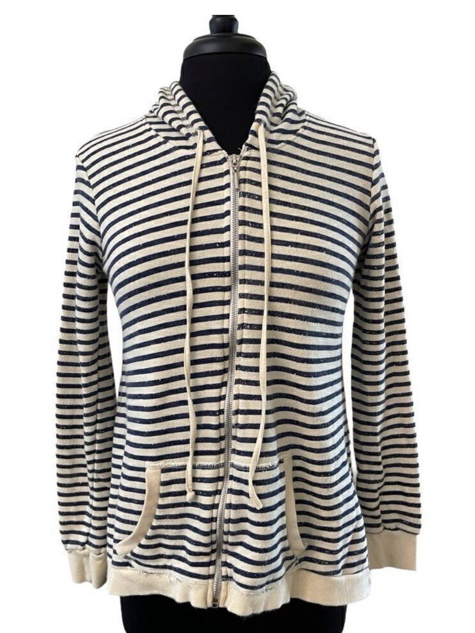 Boston Proper Medium Striped Zip-Up Hoodie Navy Cream Sweatshirt Nautical New M